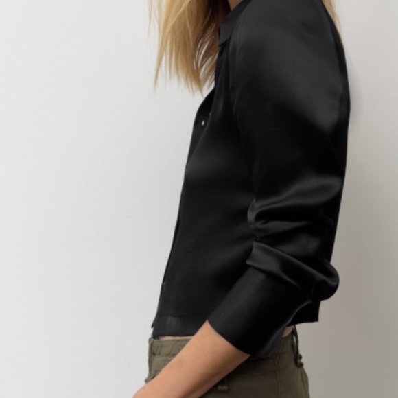 ZARA BLACK SHOULDER PAD SATIN EFFECT BUTTON DOWN SHIRT - Picture 9 of 14